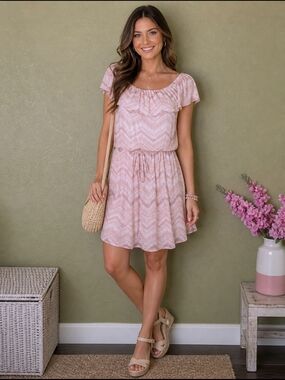 New Women's Tan Ruffle Neck Summer Dress